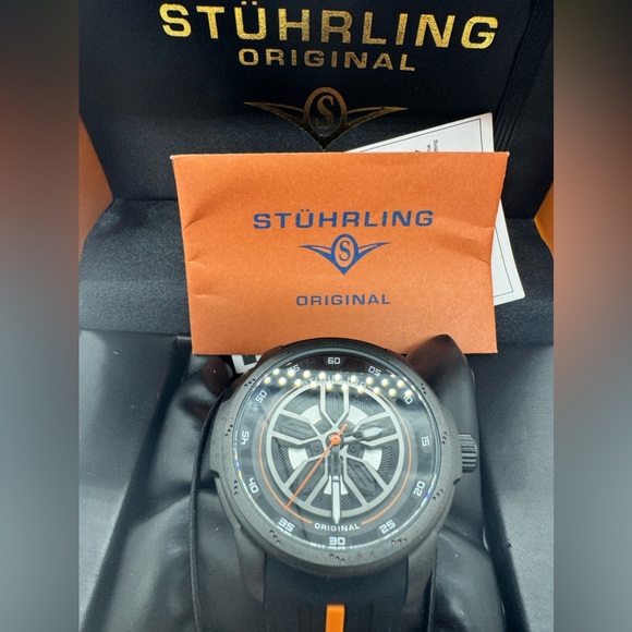 Stuhrling Original 984 05 Aviator Quartz Black Orange Silicone Strap Mens Watch - Picture 2 of 10